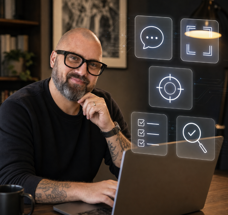 Grey Patrick at a laptop with digital planning icons