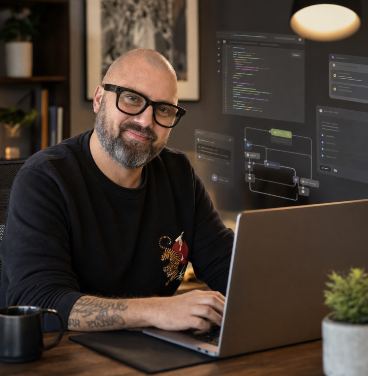 Grey Patrick working at a laptop with digital workflow diagrams